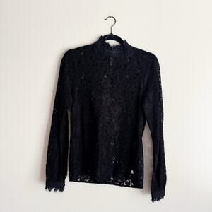 WAYF Black Lace Long Sleeve Mock Neck Blouse - Small